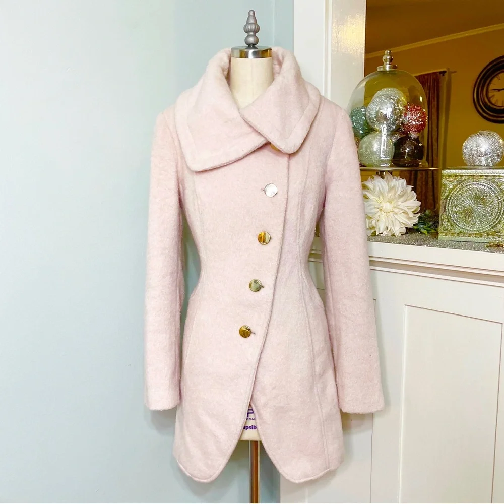 Guess Pink Boucle Double Breasted Wool Peacoat Cutaway Winter Dress Coat Medium - Picture 3 of 15